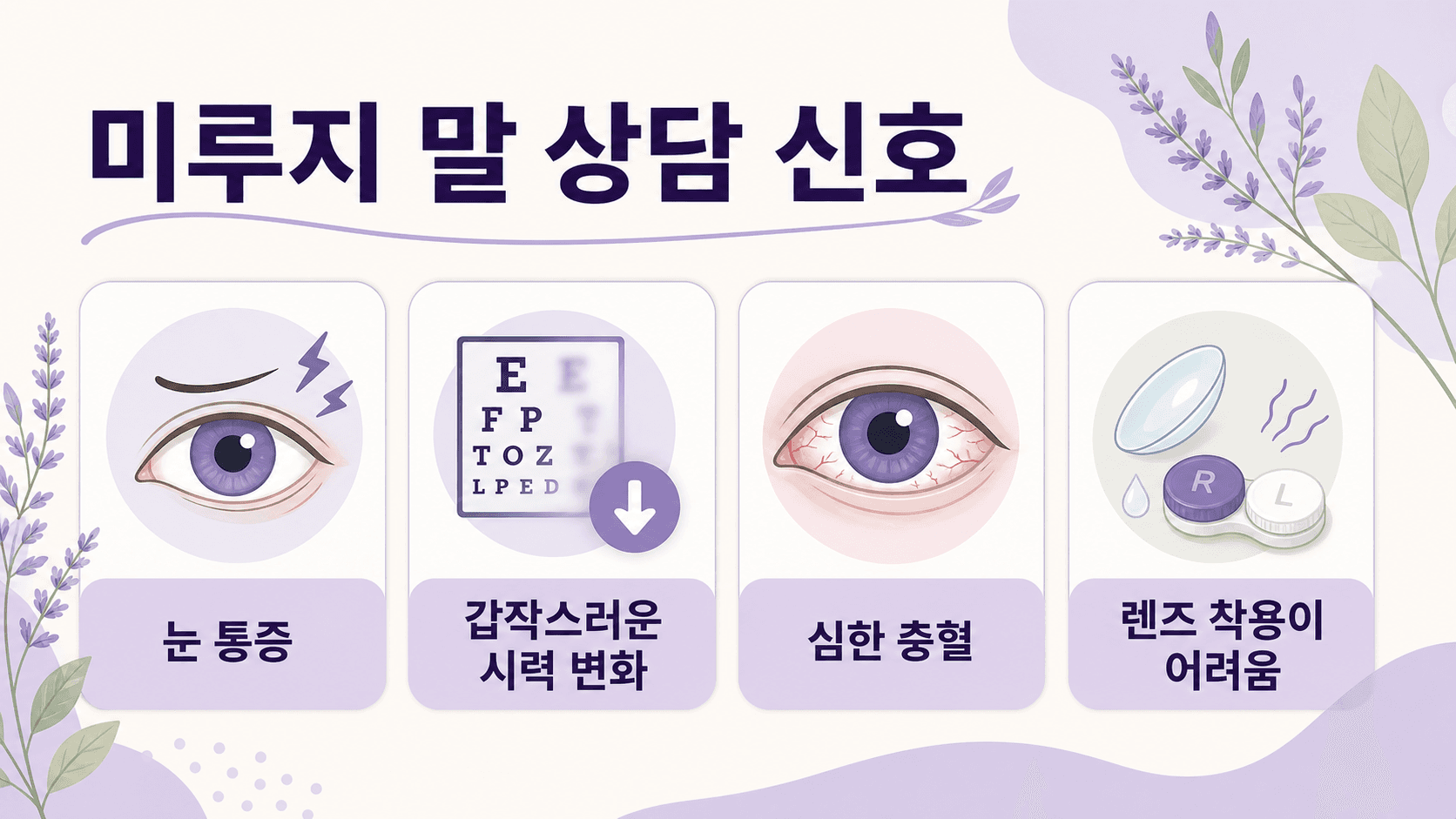 눈 통증, 시력 변화, 심한 충혈, 렌즈 불편을 상담 신호로 정리한 이미지