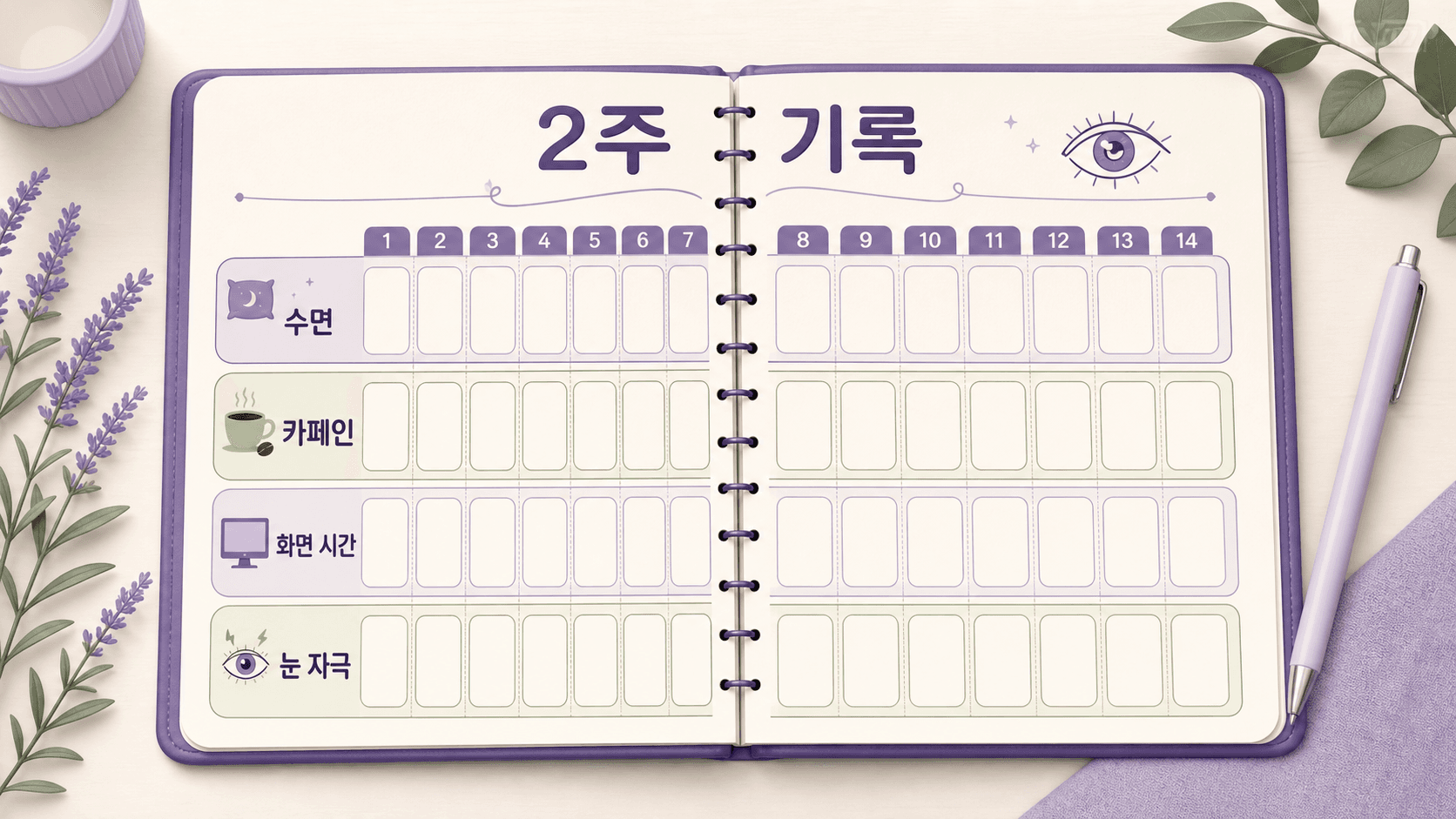 눈 밑 떨림을 2주 동안 수면, 카페인, 화면 시간, 눈 자극으로 기록하는 이미지