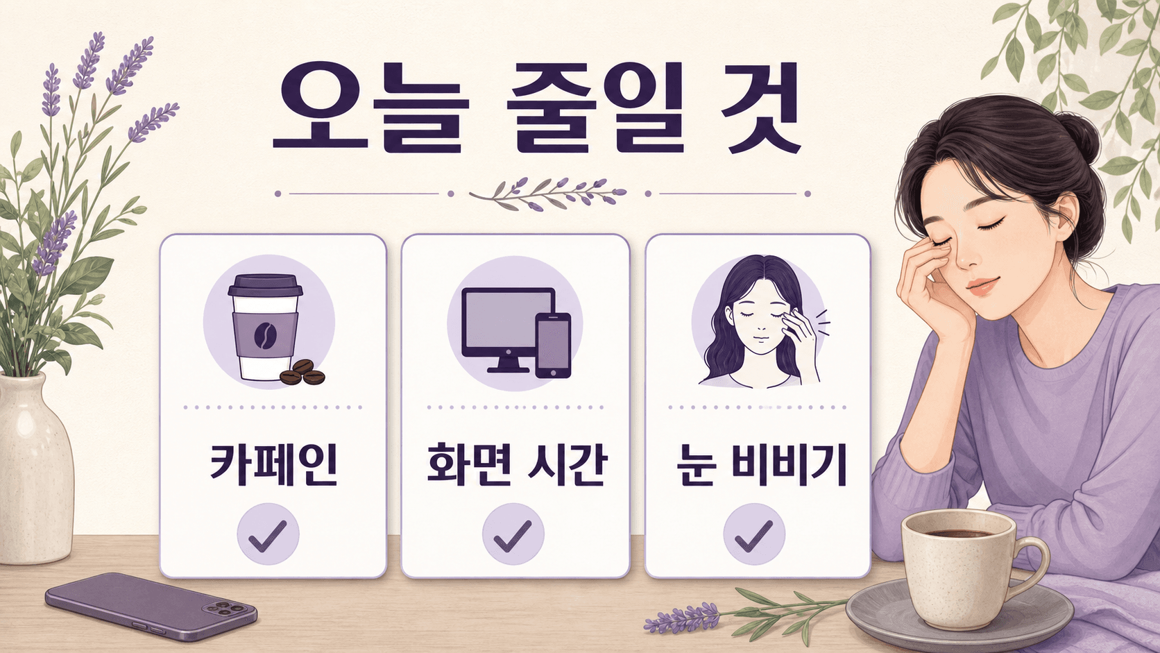 오늘 줄일 것: 카페인, 화면 시간, 눈 비비기를 보여주는 이미지