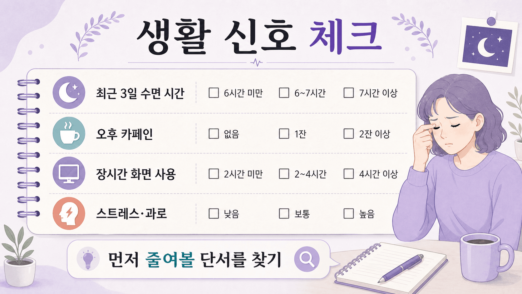 수면, 카페인, 화면 피로, 스트레스를 나눠 적는 눈 떨림 생활 신호 체크 이미지