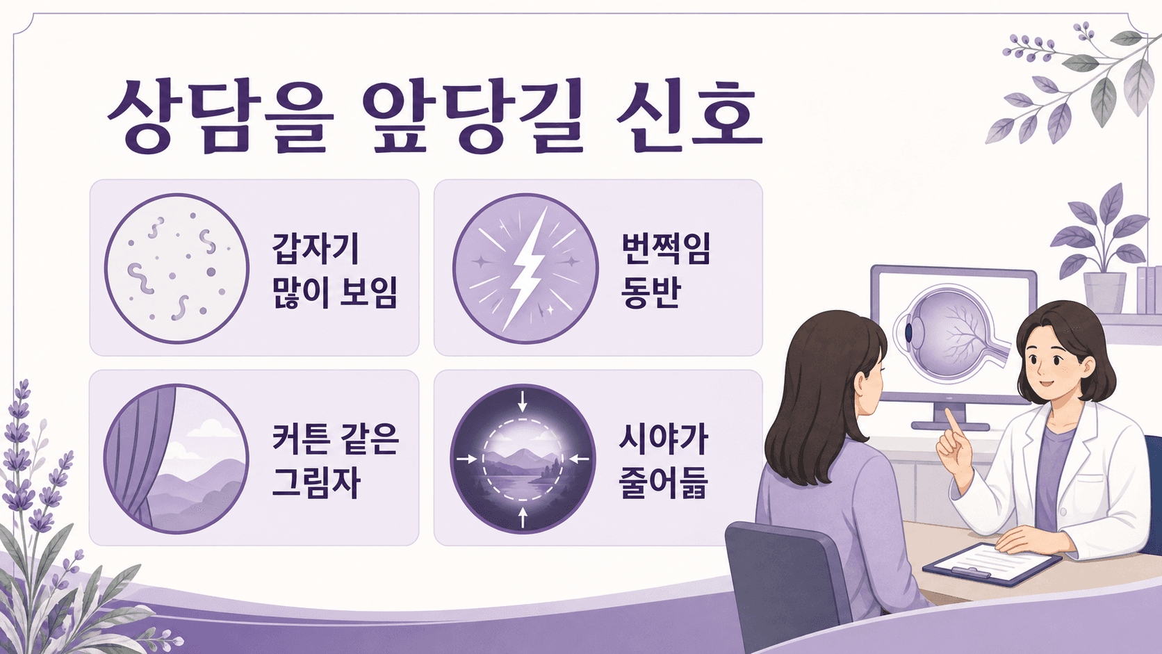 눈앞 날파리에서 갑자기 많이 보임, 번쩍임 동반, 커튼 같은 그림자, 시야가 줄어듦을 상담 신호로 보여주는 이미지