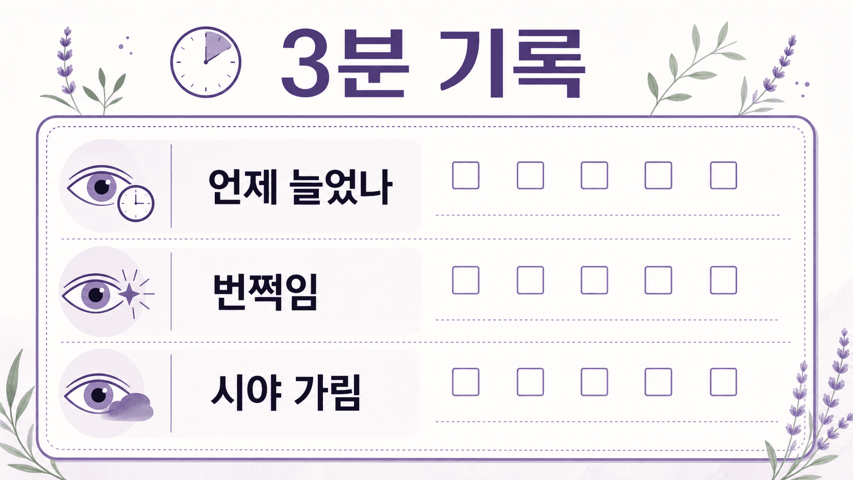 언제 늘었나, 번쩍임, 시야 가림을 적는 3분 기록표 형태의 보라색 체크 이미지