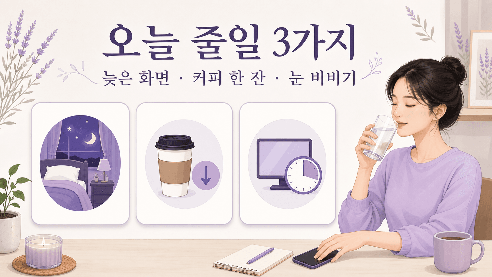 눈꺼풀 떨림이 있을 때 늦은 화면, 커피 한 잔, 눈 비비기를 줄이는 행동 이미지