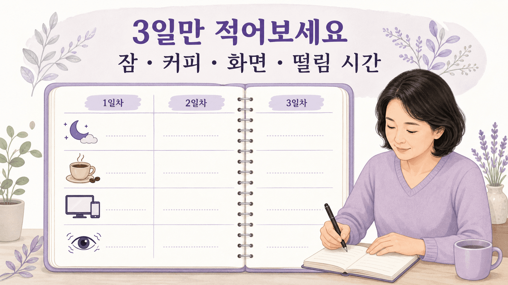눈꺼풀 떨림을 3일 동안 잠, 커피, 화면, 떨림 시간으로 기록하는 이미지