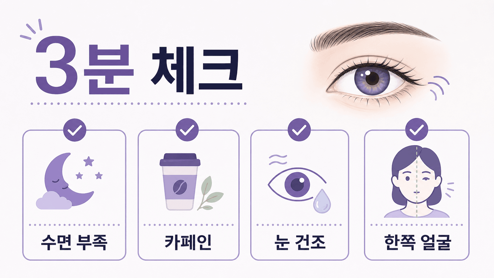 눈꺼풀 떨림에서 수면 부족, 카페인, 눈 건조, 한쪽 얼굴 번짐을 나누는 3분 체크 이미지