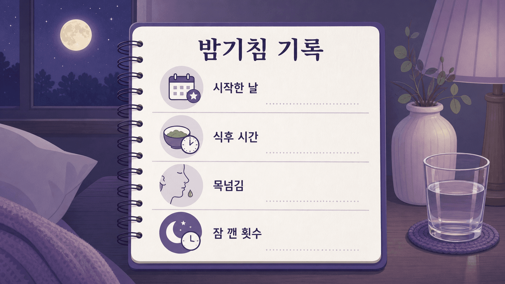 밤기침 상담 전 시작한 날, 식후 시간, 목넘김, 잠에서 깬 횟수를 적는 기록 이미지