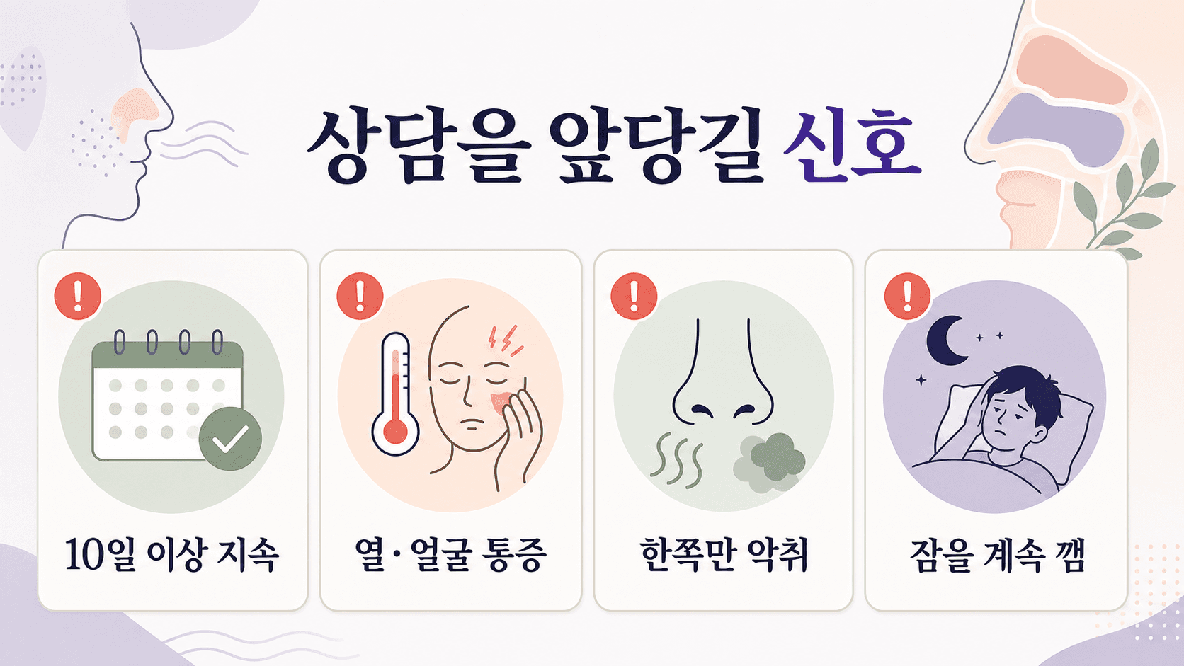 누우면 코막힘에서 10일 이상 지속, 열과 얼굴 통증, 한쪽 악취, 수면 방해를 상담 신호로 보는 이미지