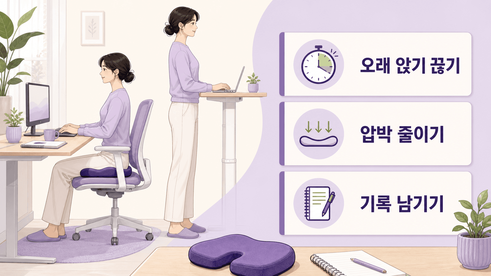 오래 앉은 뒤 꼬리뼈 압박을 줄이기 위해 자세 바꾸기, 짧게 일어나기, 기록하기를 보여주는 이미지