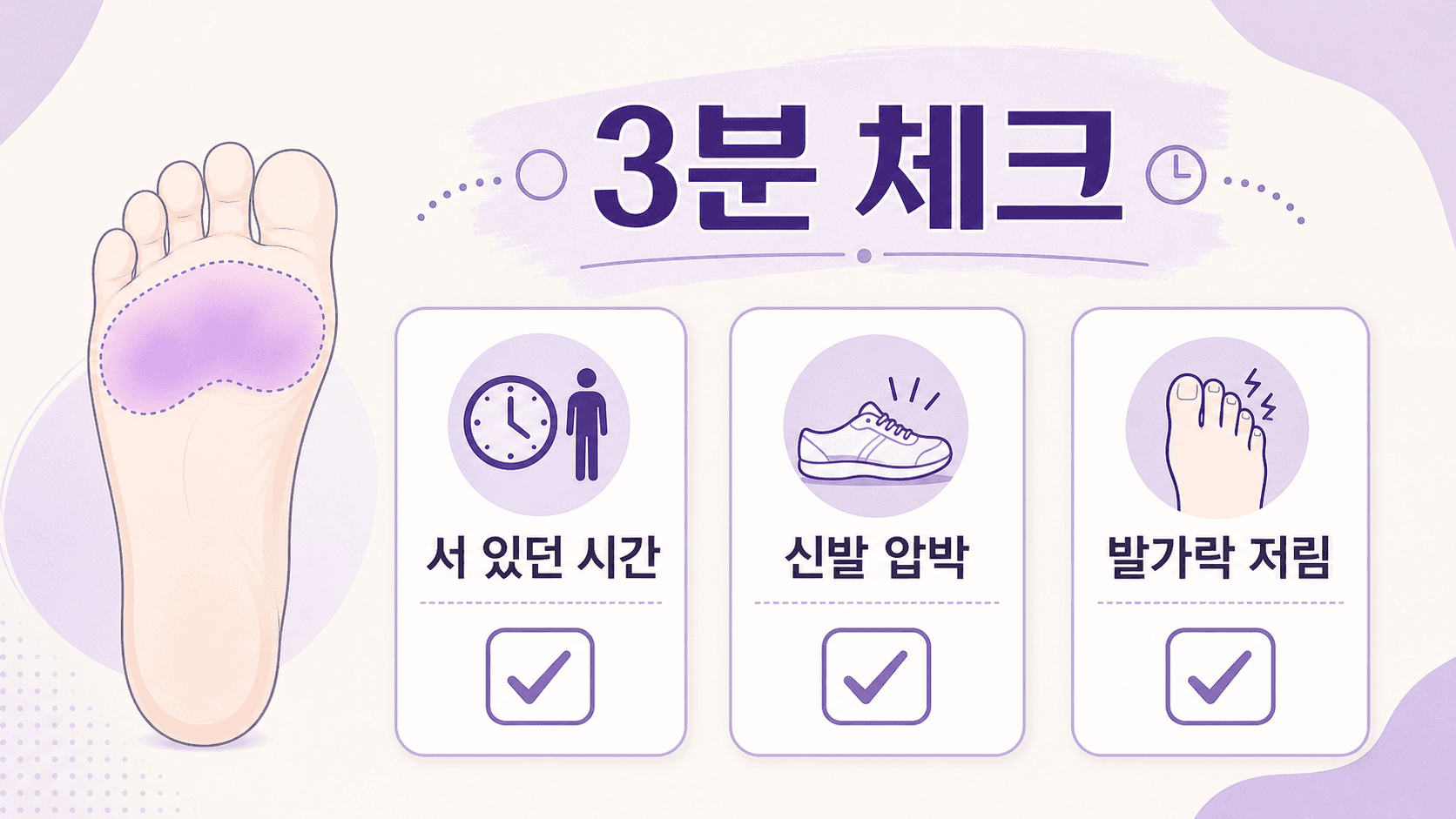발 앞쪽 통증에서 서 있던 시간, 신발 압박, 발가락 저림을 나누는 3분 체크 이미지