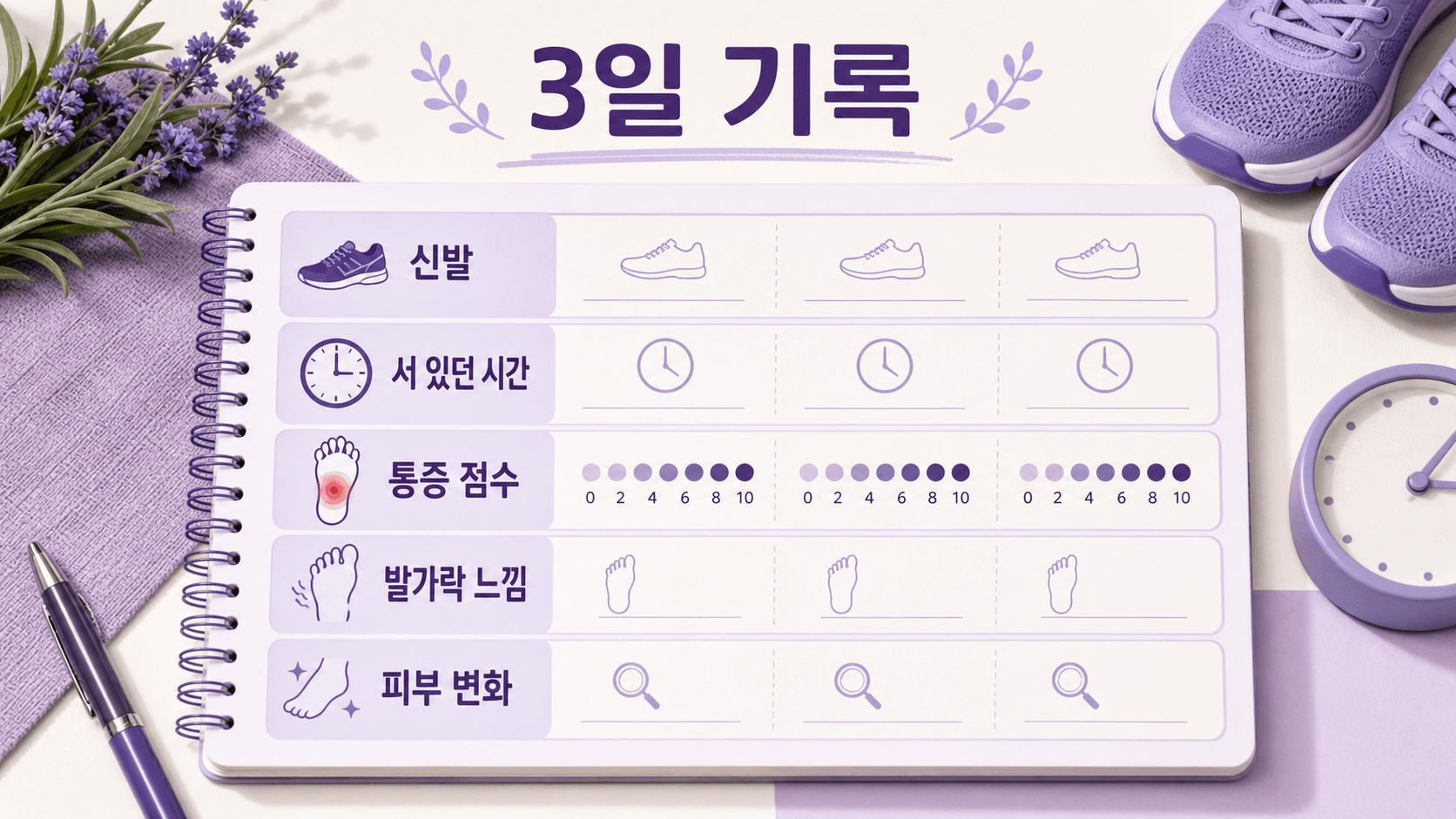 발 앞쪽 통증을 3일 동안 신발, 서 있던 시간, 통증 점수, 발가락 느낌, 피부 변화로 기록하는 이미지