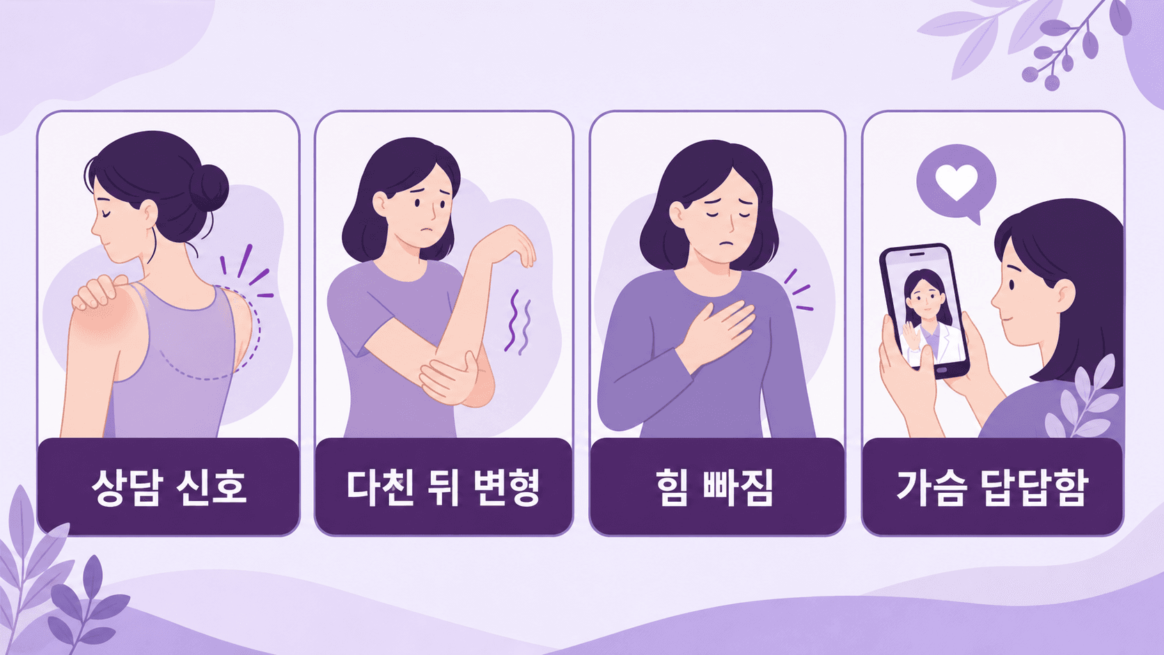 어깨 통증에서 힘 빠짐, 저림, 다친 뒤 변형, 가슴 답답함을 상담 신호로 나누는 이미지