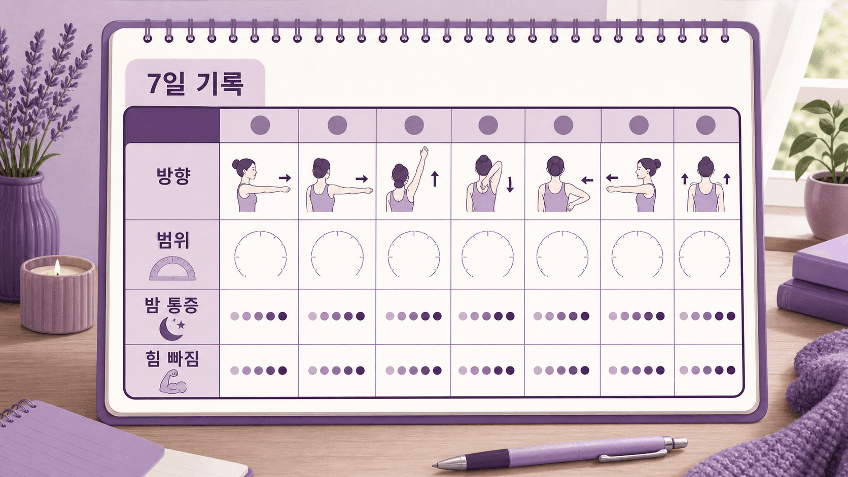 어깨 통증 7일 기록표로 방향, 범위, 밤 통증, 힘 빠짐을 적는 이미지