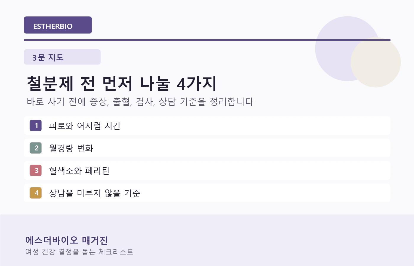 철분제 전 먼저 나눌 4가지 기준을 보여 주는 3분 체크 이미지