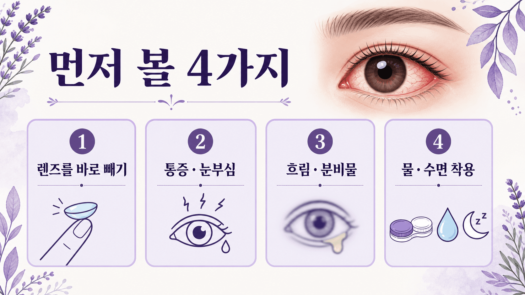 렌즈 후 눈 충혈을 렌즈 제거, 통증과 눈부심, 시야 흐림과 분비물, 물과 수면 착용 네 기준으로 나누는 이미지