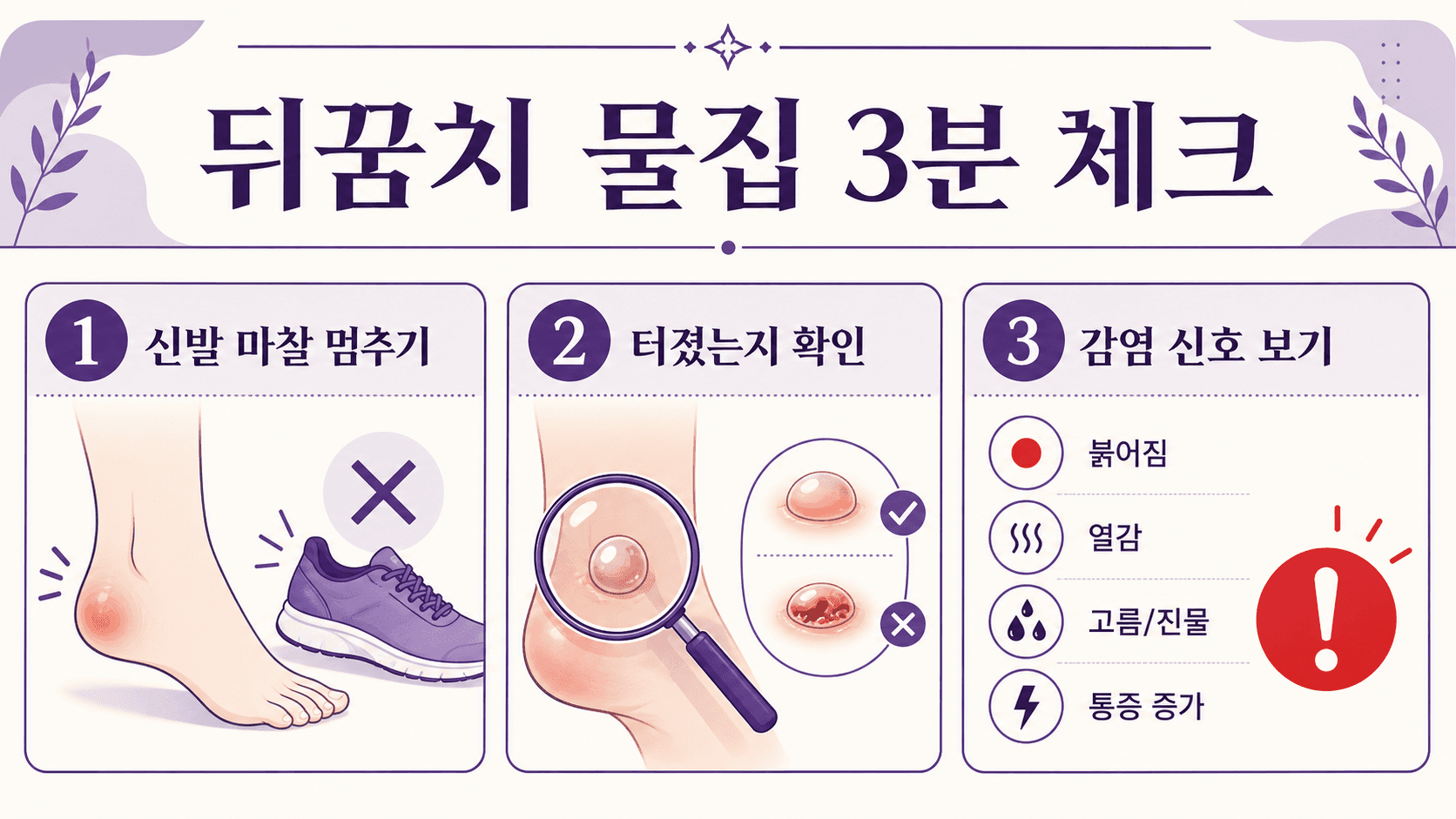 뒤꿈치 물집 3분 체크: 신발 마찰, 터진 물집, 감염 신호를 순서대로 확인하는 인포그래픽