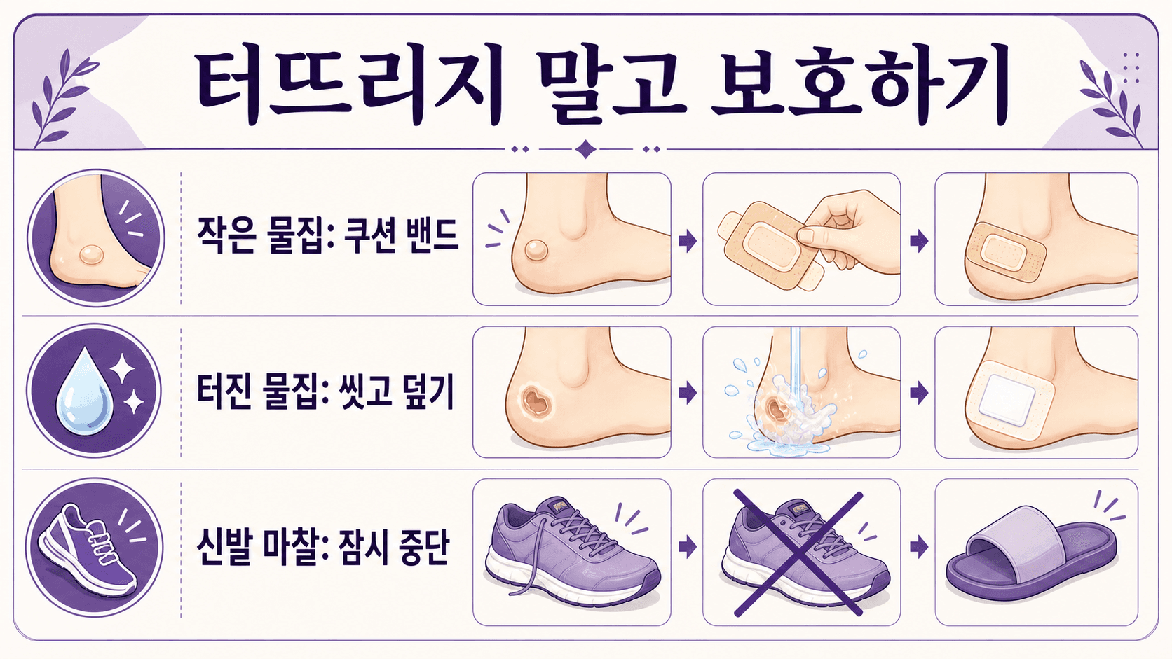 작은 물집은 쿠션 밴드로 보호하고, 터진 물집은 씻고 덮으며, 신발 마찰은 잠시 중단하는 인포그래픽
