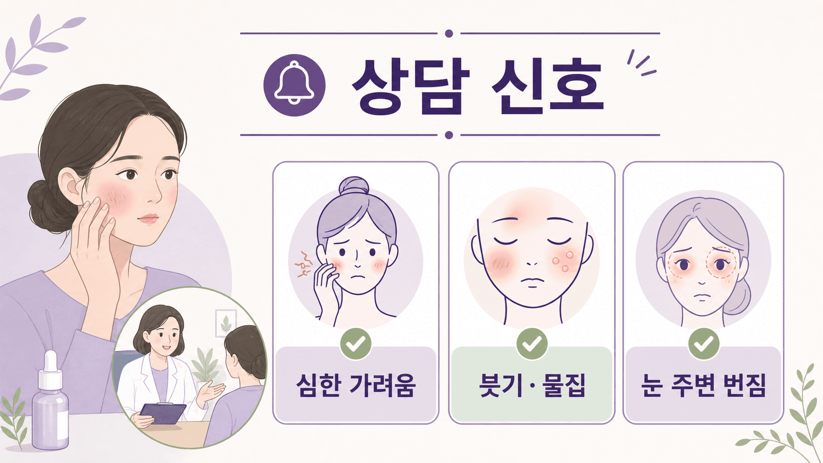 새 화장품 사용 뒤 상담 신호로 심한 가려움, 붓기와 물집, 눈 주변 번짐을 보여주는 이미지