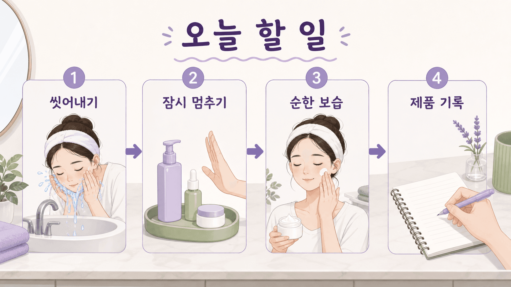 새 화장품 때문에 얼굴이 따가울 때 씻어내기, 잠시 멈추기, 순한 보습, 제품 기록 순서로 정리한 이미지