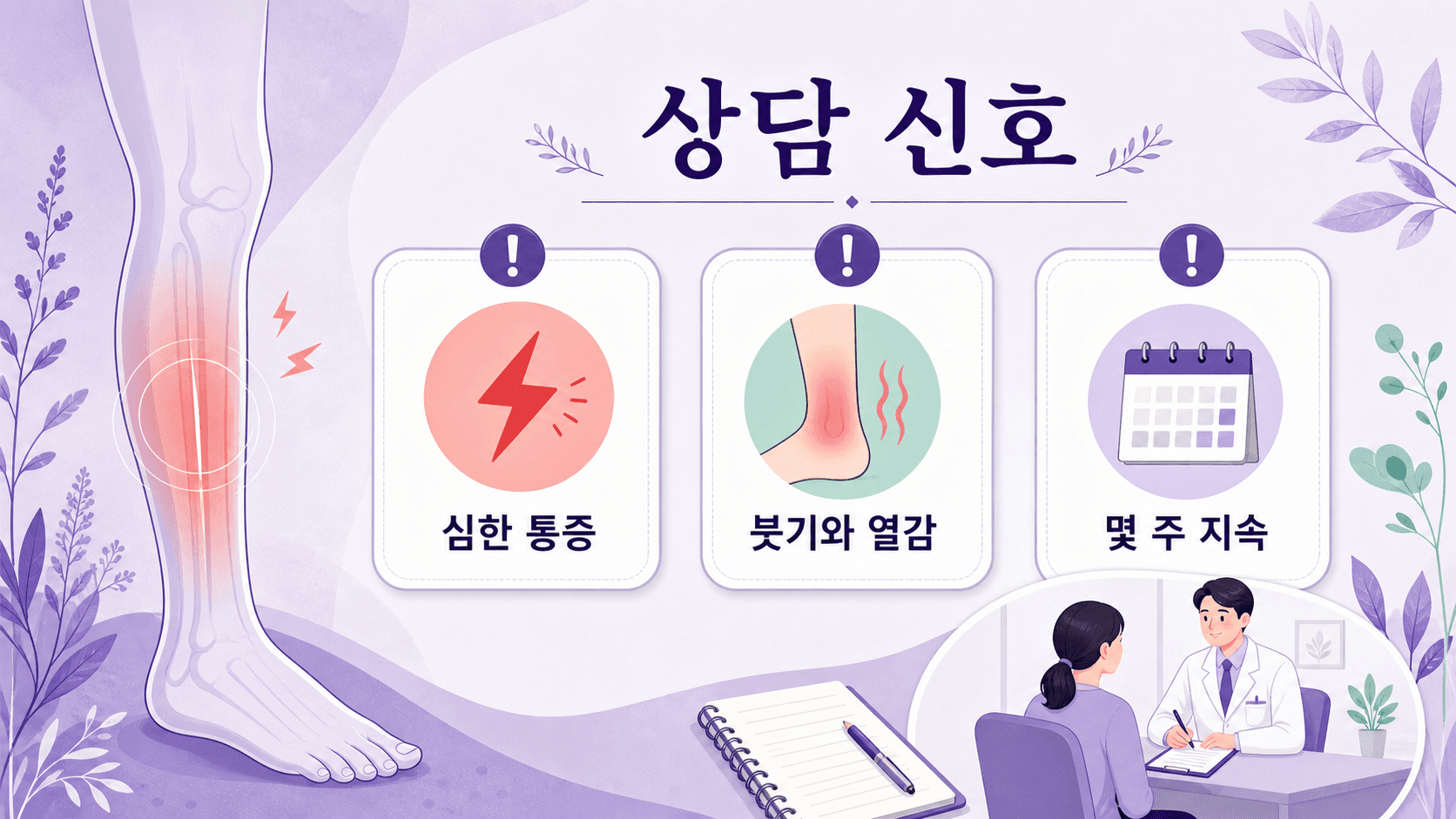 정강이 통증의 상담 신호인 심한 통증, 붓기와 열감, 몇 주 지속을 보여주는 이미지