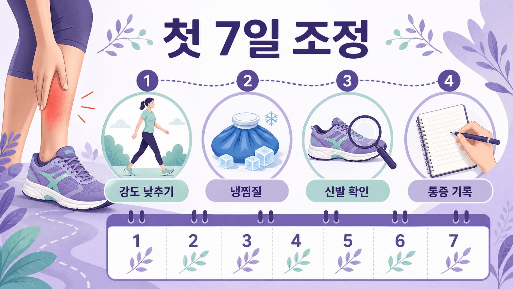 새 운동 후 정강이 통증이 있을 때 첫 7일 동안 강도 낮추기, 냉찜질, 신발 확인, 통증 기록을 보여주는 이미지