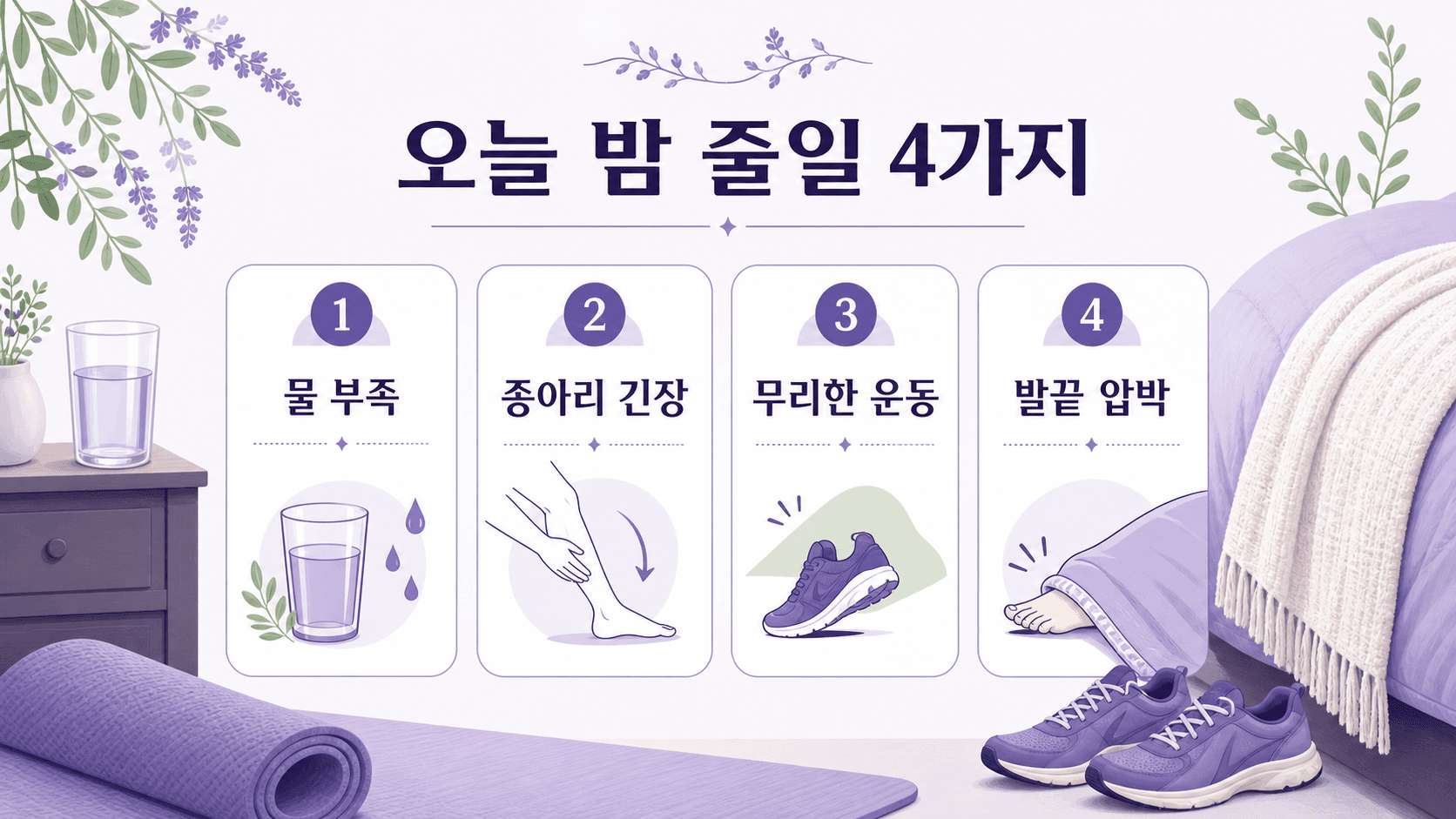 오늘 밤 줄일 4가지 변수를 물 부족, 종아리 긴장, 무리한 운동, 발끝 압박으로 나누어 보는 체크리스트