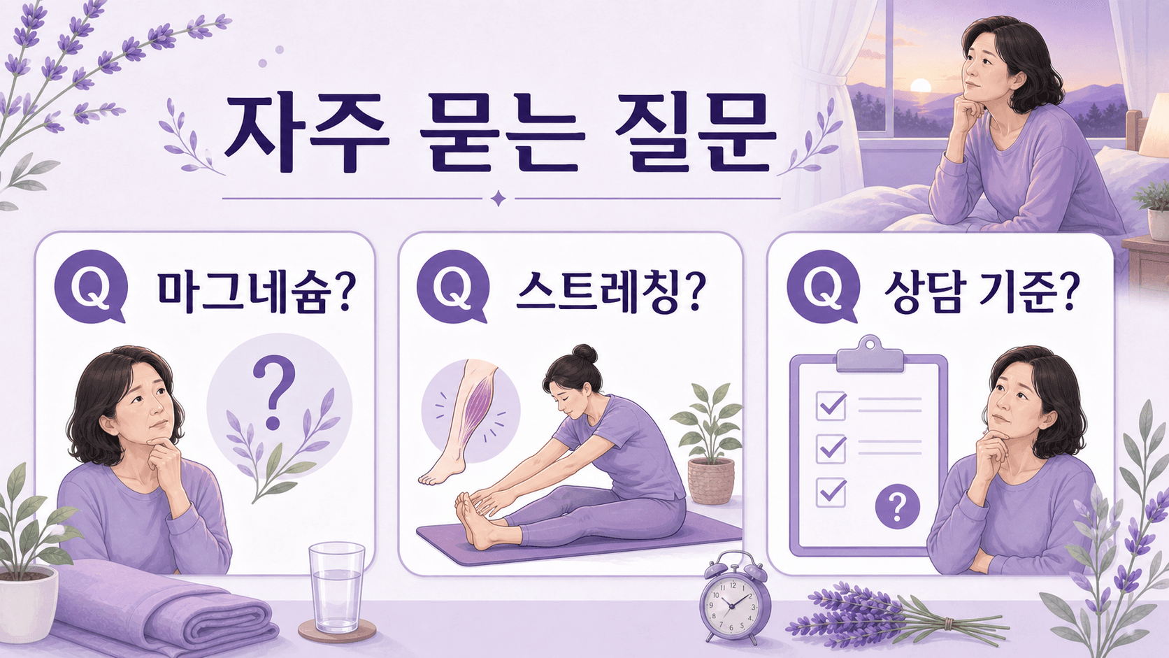 새벽 종아리 쥐에 대해 마그네슘, 스트레칭, 상담 기준을 정리한 질문 카드