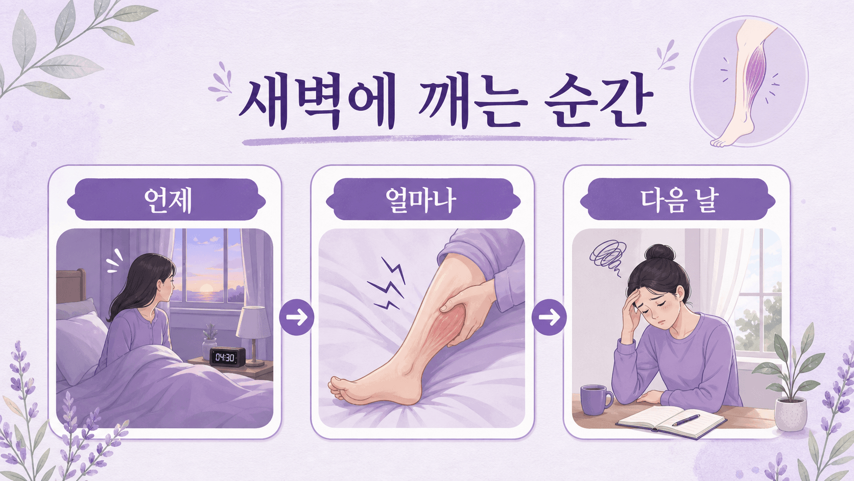 새벽에 종아리 쥐로 깨는 순간을 시간, 지속, 다음 날 피로로 나누어 보는 그림