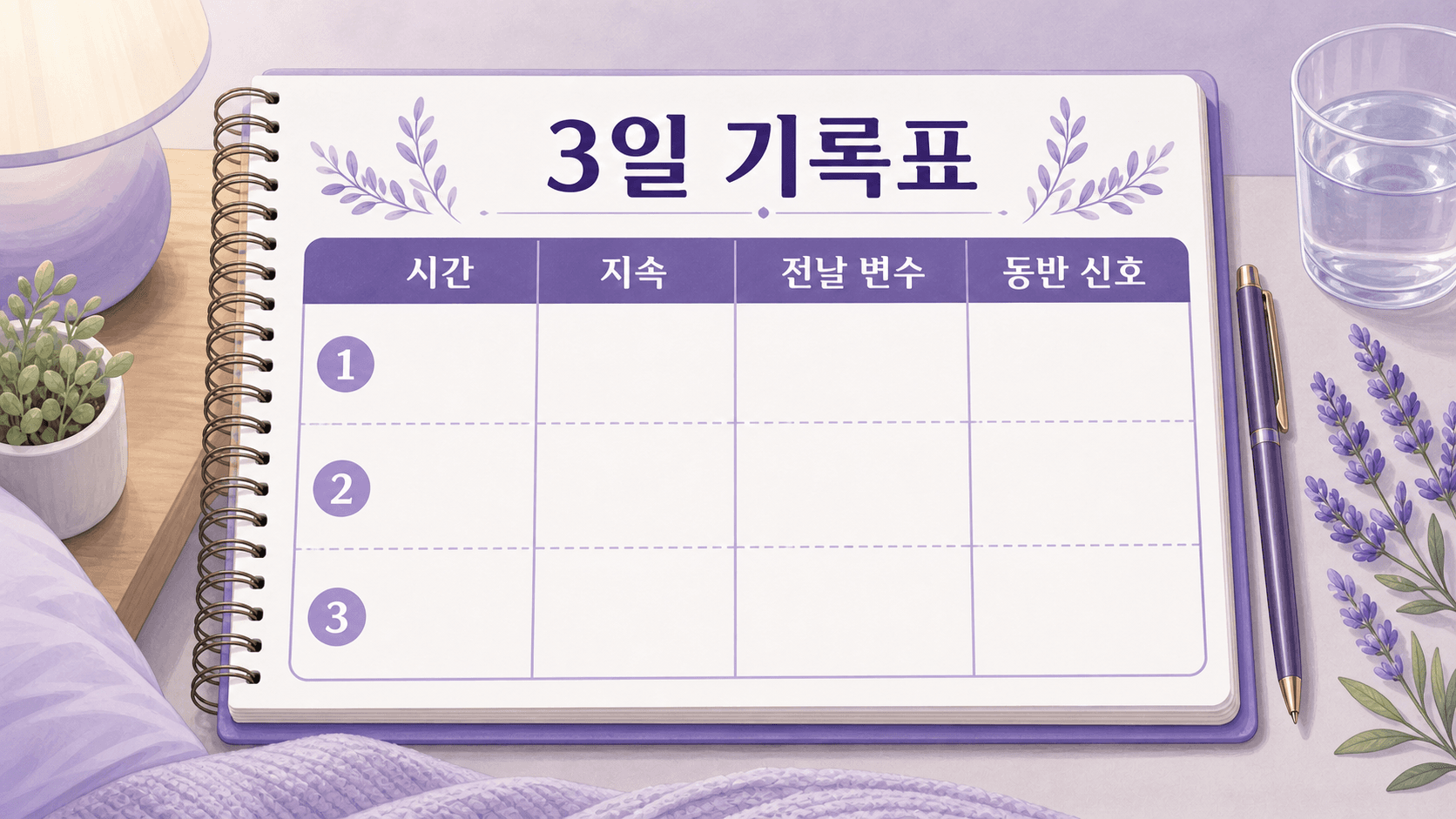 새벽 종아리 쥐를 3일 동안 시간, 지속, 전날 변수, 동반 신호로 기록하는 표