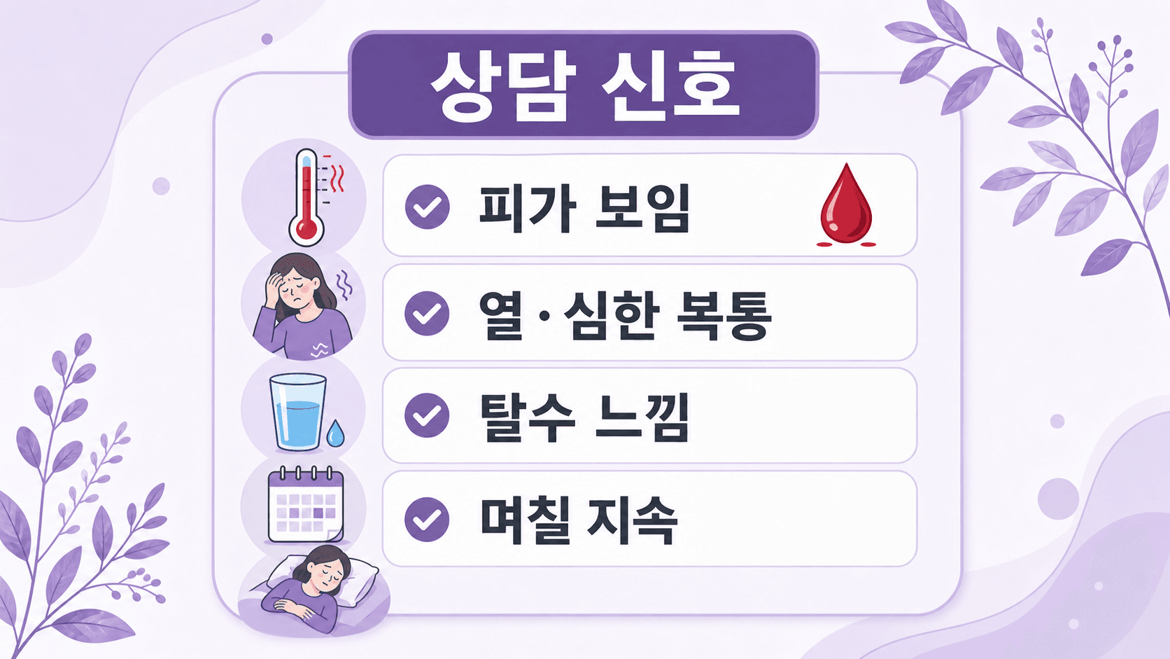 설사 후 상담 신호를 피, 열과 심한 복통, 탈수 느낌, 며칠 지속으로 정리한 이미지