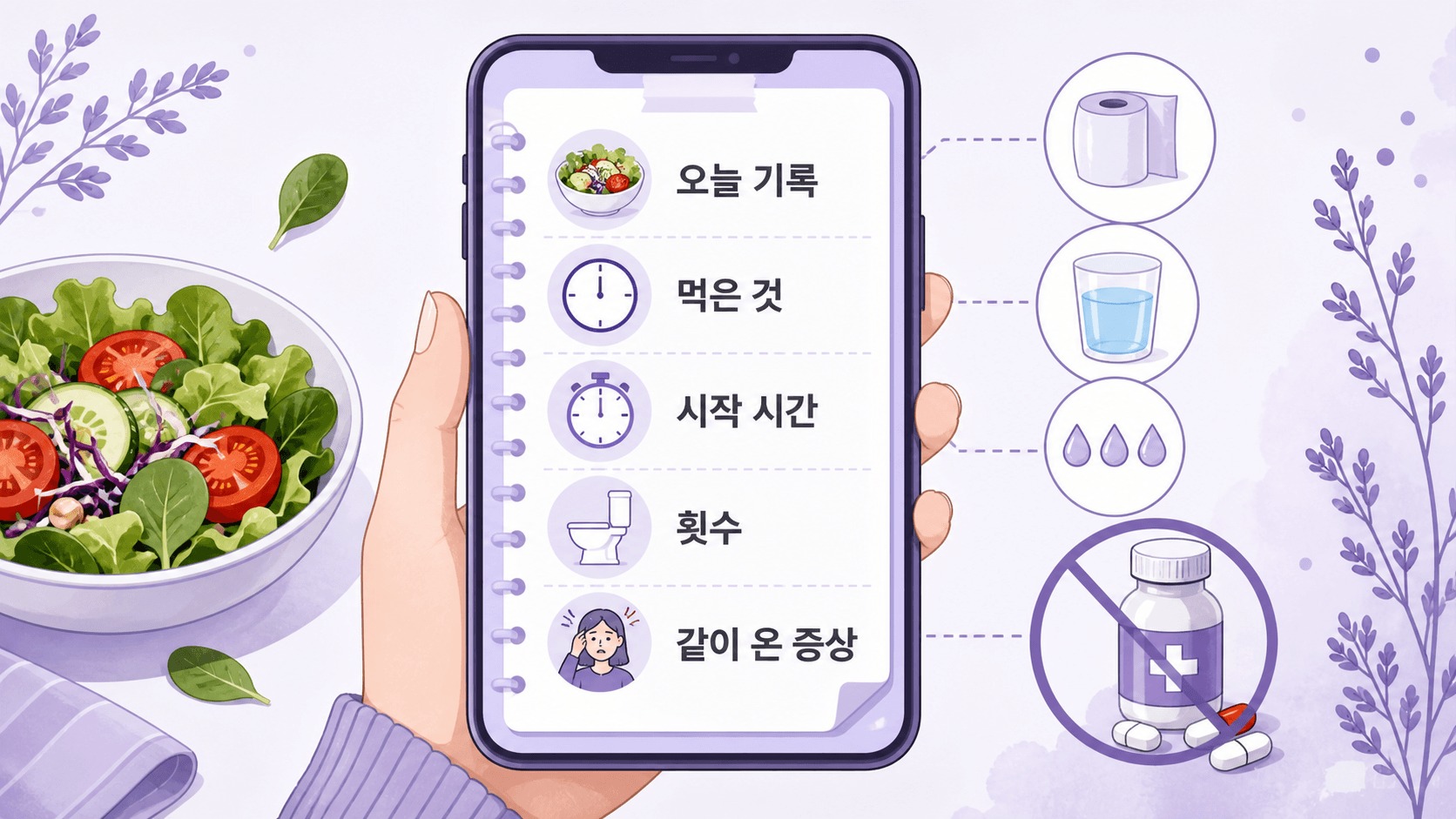 샐러드 후 설사에서 먹은 것, 시작 시간, 횟수, 같이 온 증상을 적는 기록 이미지