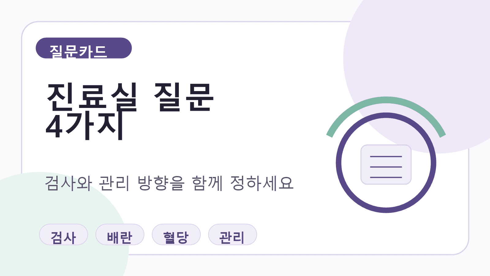 진료실 질문 4가지를 검사, 배란, 혈당, 관리 방향으로 나누어 보여주는 질문카드 이미지