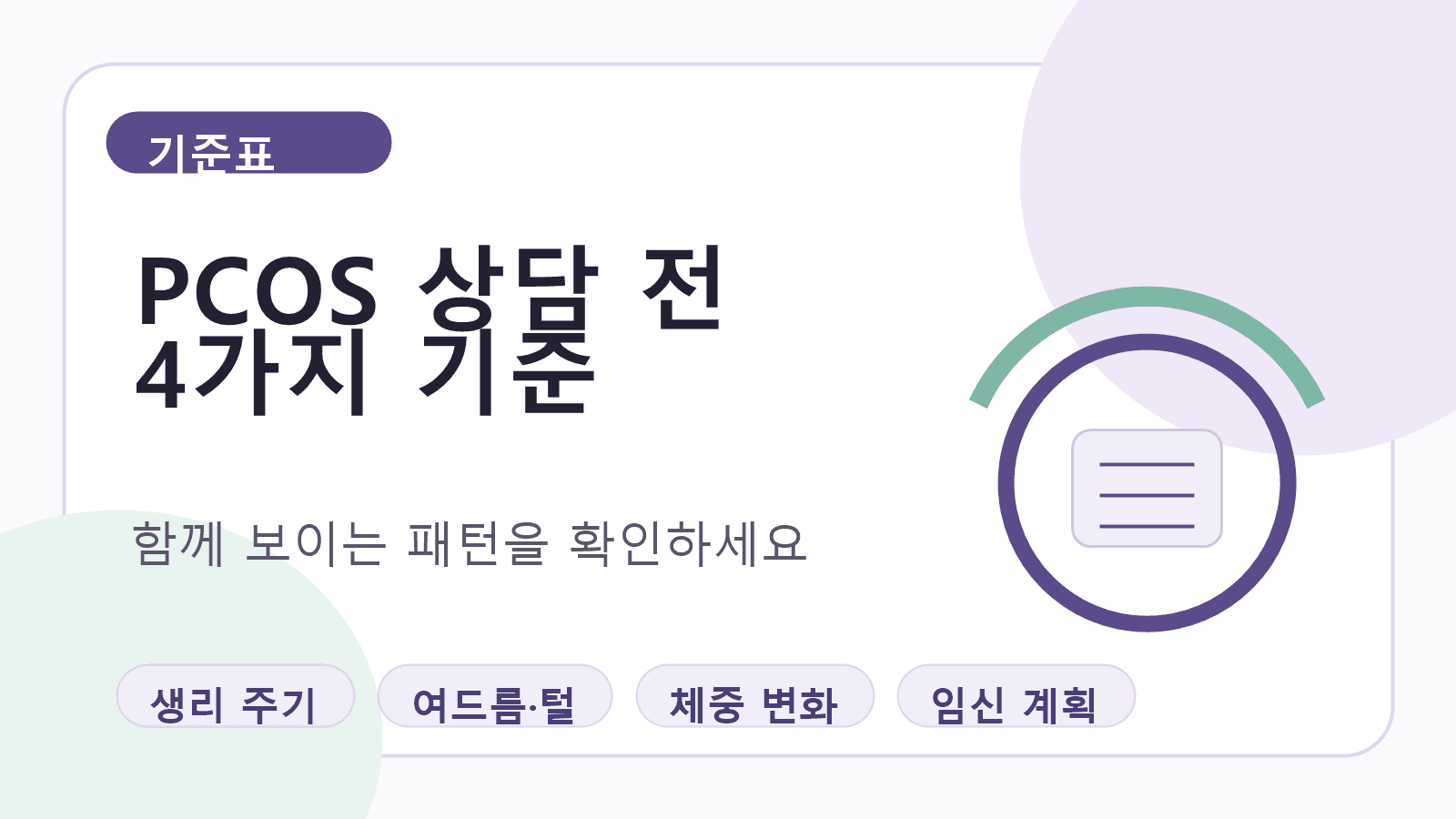 PCOS 상담 전 4가지 기준을 생리 주기, 피부와 털, 체중 변화, 임신 계획으로 나누어 보여주는 기준표 이미지