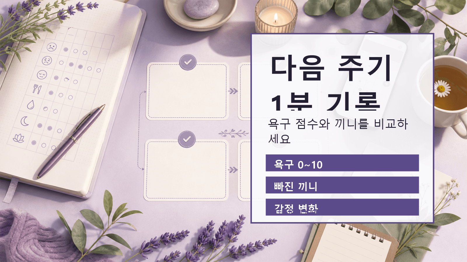 다음 생리 주기 전 10일 동안 욕구 점수와 끼니, 수면, 감정을 기록하는 이미지