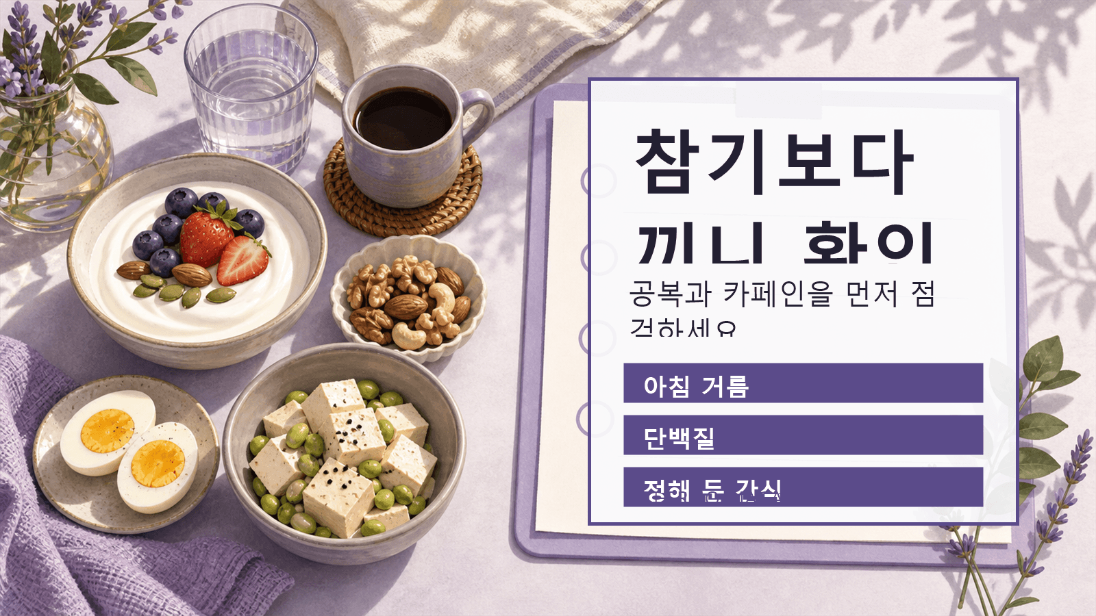 생리 전 식욕이 강할 때 끼니, 단백질, 간식, 카페인을 확인하는 체크 이미지
