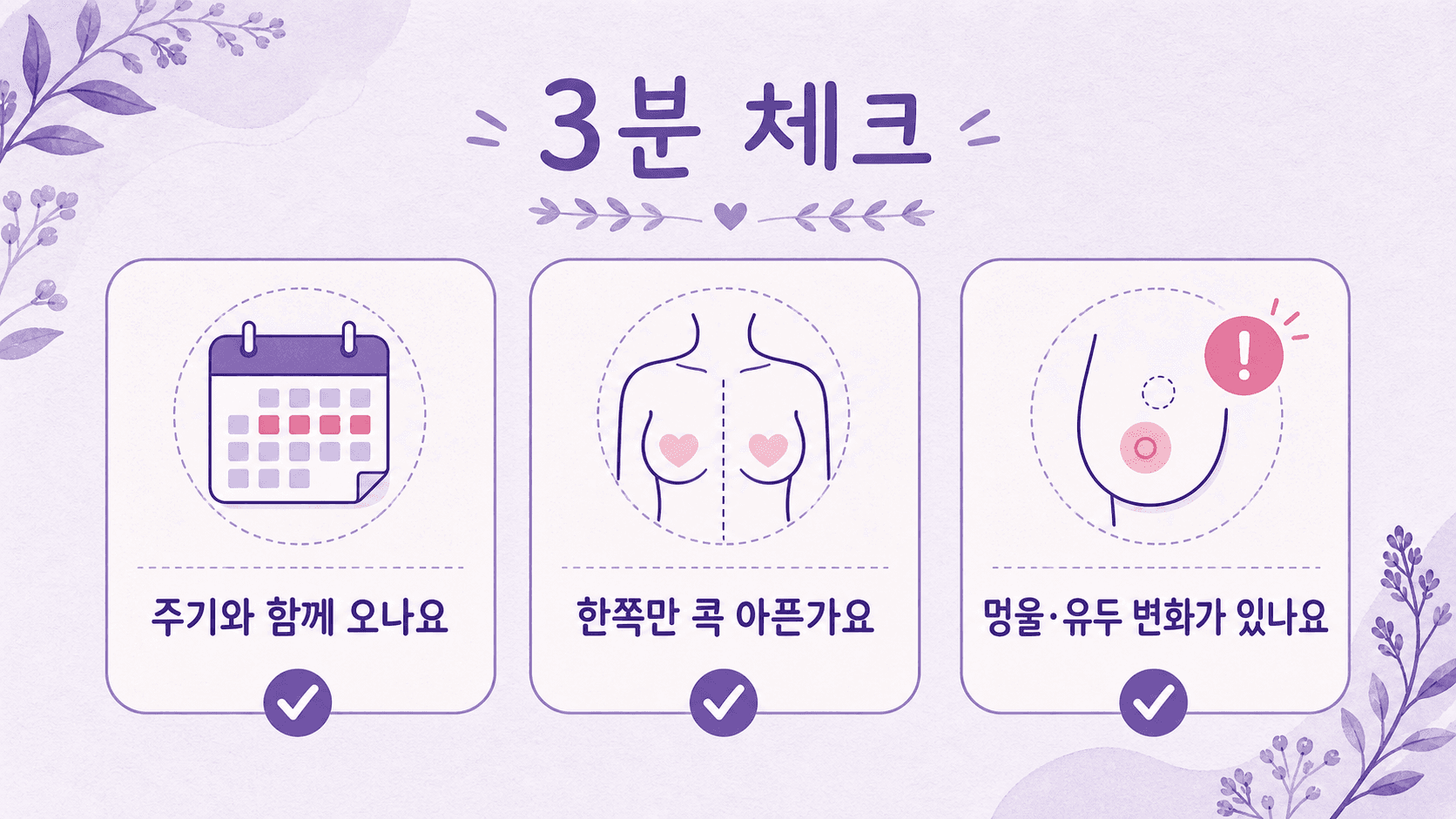 생리 전 가슴 통증에서 주기, 한쪽 통증, 멍울·유두 변화를 나누어 보는 3분 체크 이미지