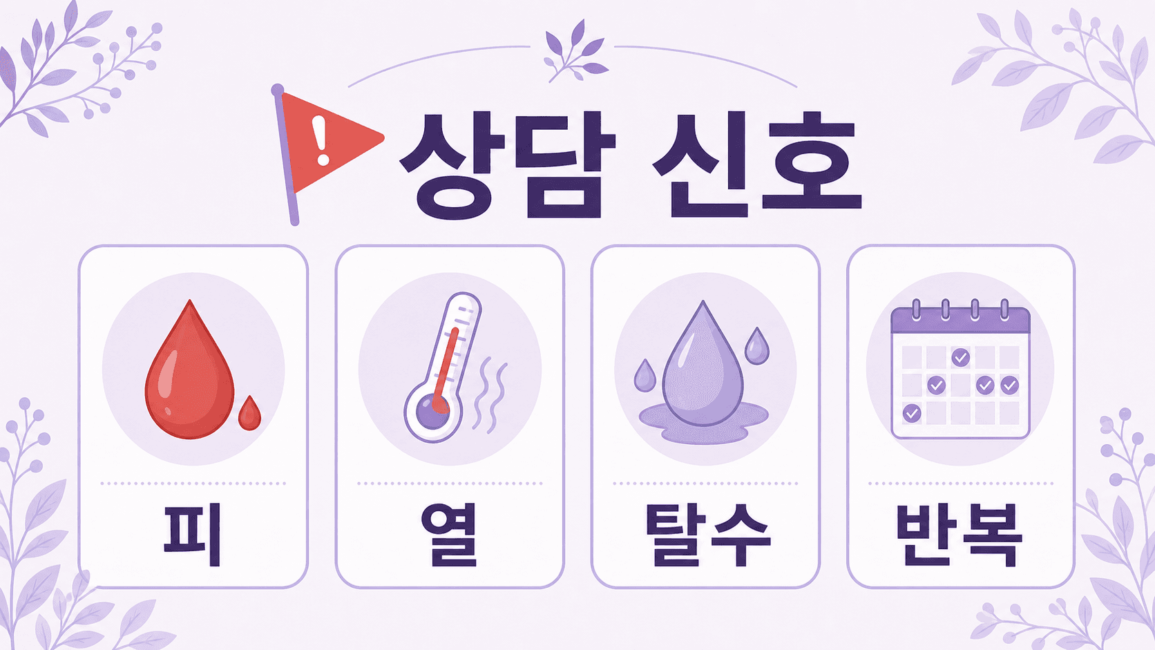 생리 전 설사에서 피, 열, 탈수, 반복을 상담 신호로 보여 주는 보라색 결정 카드 이미지