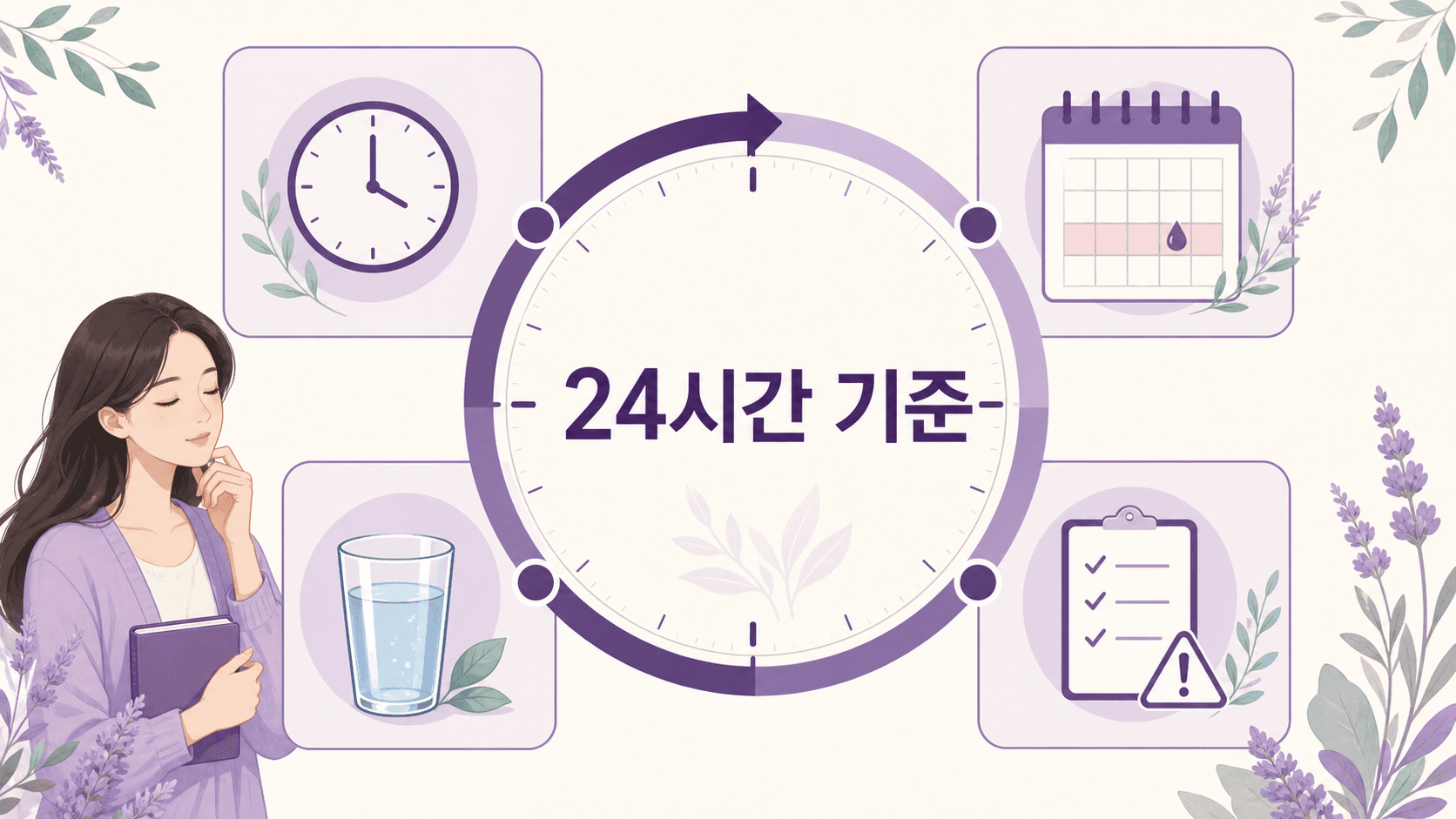 생리 전 설사를 24시간 동안 횟수, 수분, 동반 신호, 생리 타이밍으로 나누는 이미지