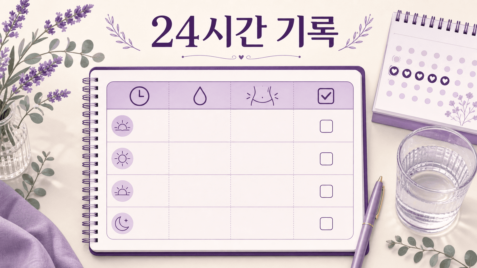 생리 전 설사를 24시간 동안 시간, 횟수, 마신 물, 동반 신호로 적는 기록 이미지