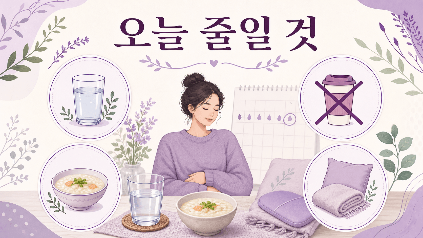 생리 전 설사 날에 물, 자극 음식, 카페인, 휴식 기준을 정리한 이미지