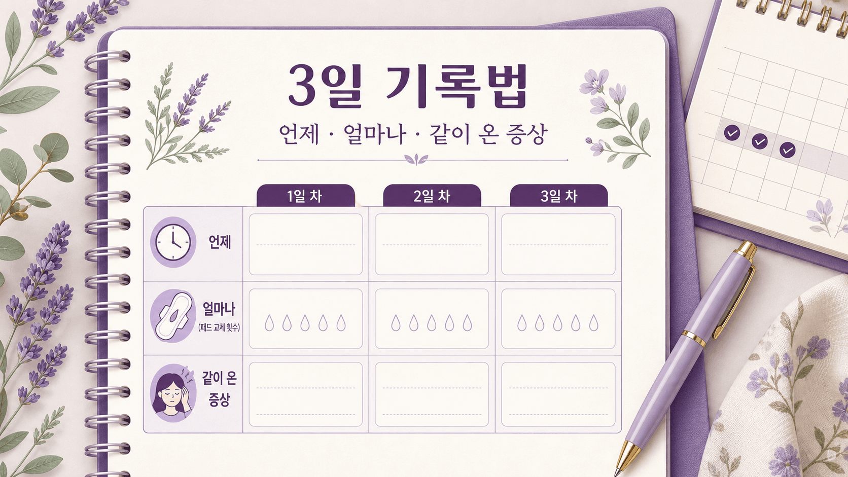 생리양이 갑자기 많아졌을 때 3일 동안 언제, 얼마나, 같이 온 증상을 기록하는 방법 이미지