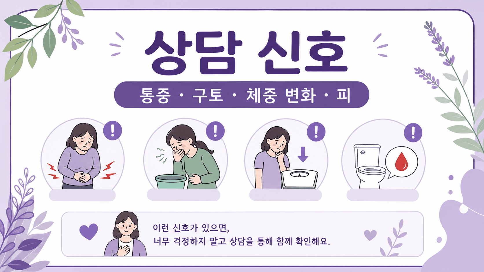 식후 배 빵빵함에서 통증, 구토, 체중 변화, 피를 상담 신호로 보여주는 이미지