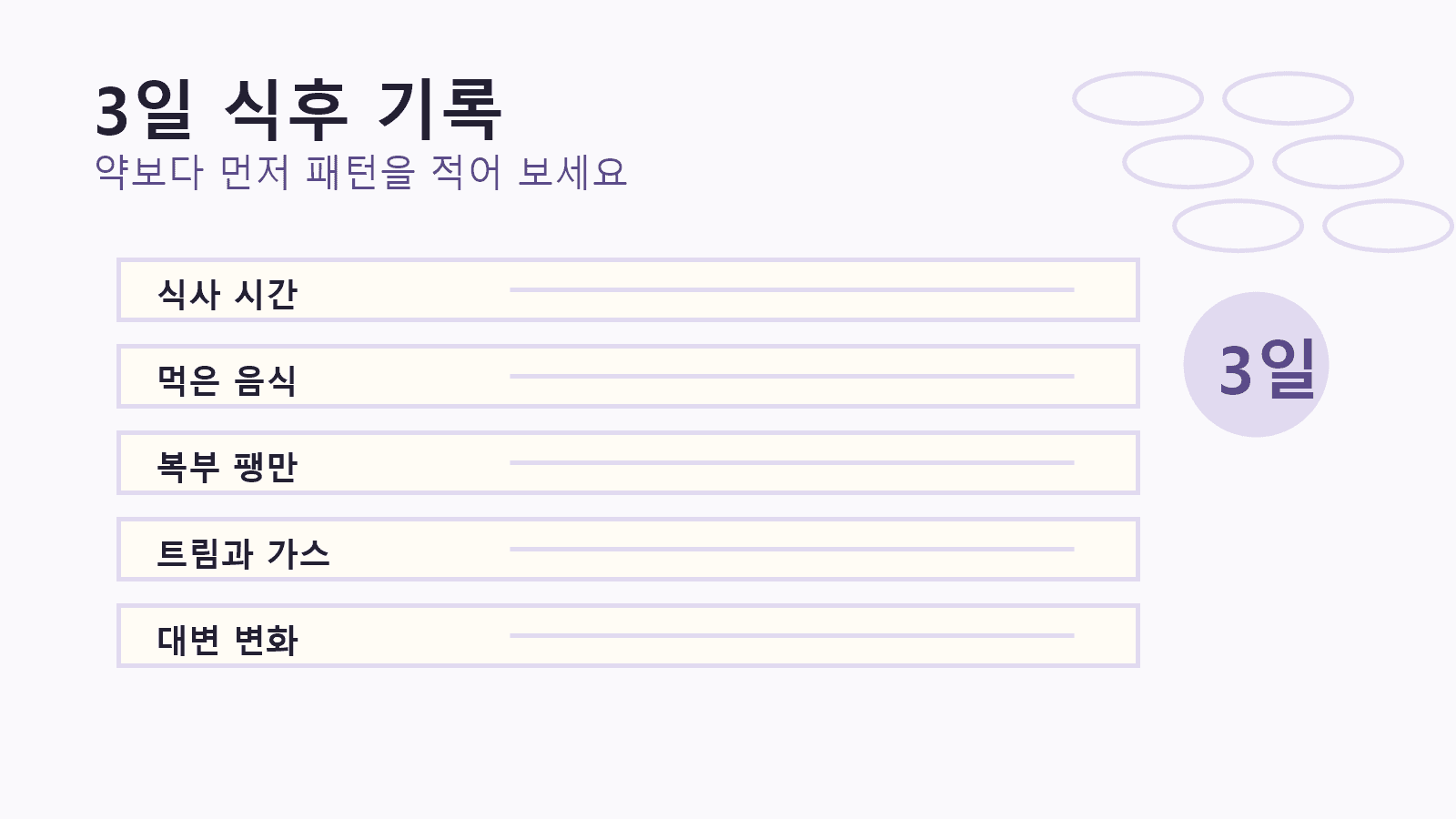 식사 시간, 음식, 복부 팽만, 가스, 대변 변화를 적는 3일 식후 기록 이미지
