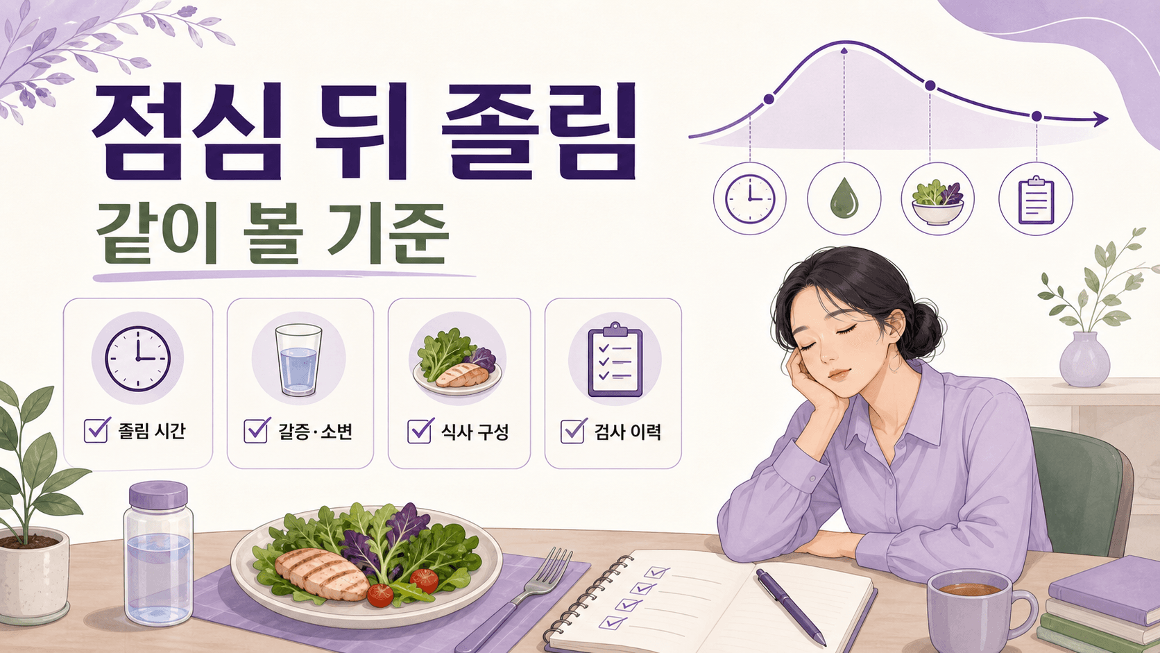 점심 뒤 졸림을 참기 전에 졸림 시간, 갈증, 소변, 식사 구성을 함께 보는 기준 이미지