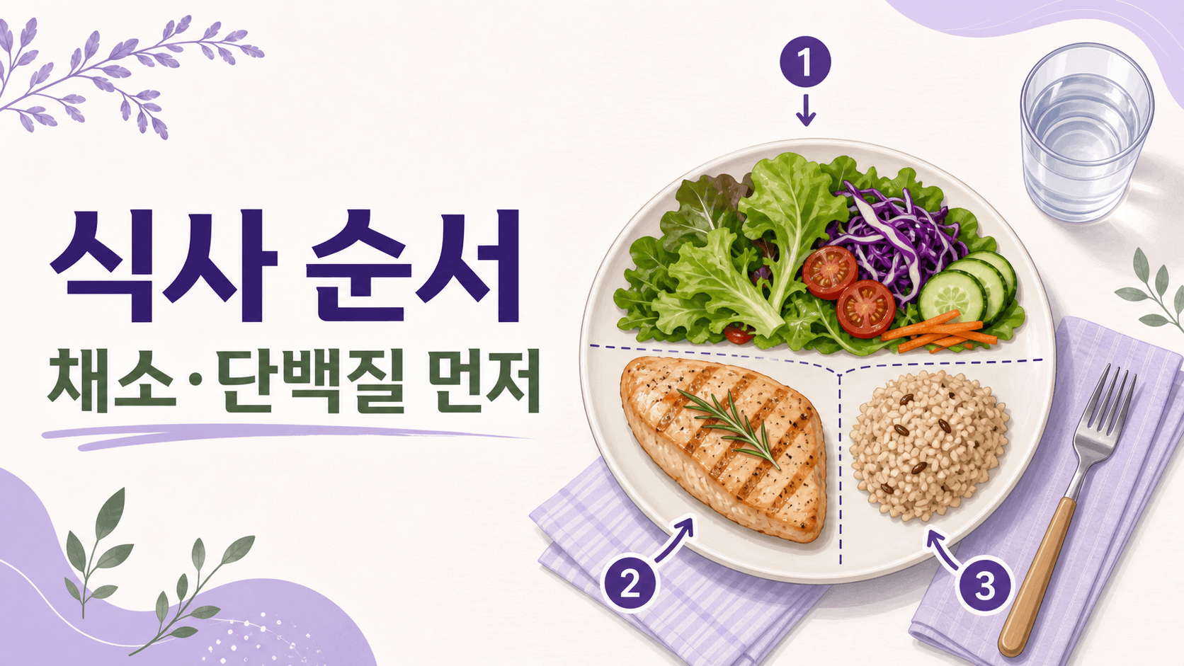 혈당 관리를 위해 채소와 단백질을 먼저 놓고 탄수화물을 확인하는 식사 순서 이미지