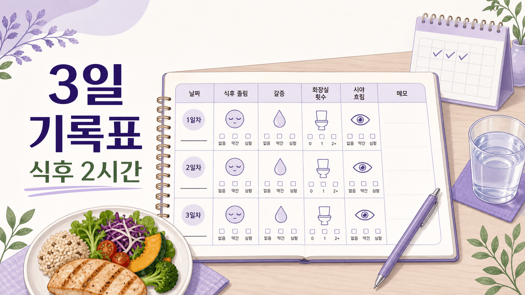 식후 졸림과 혈당 신호를 3일 동안 기록하는 항목 이미지