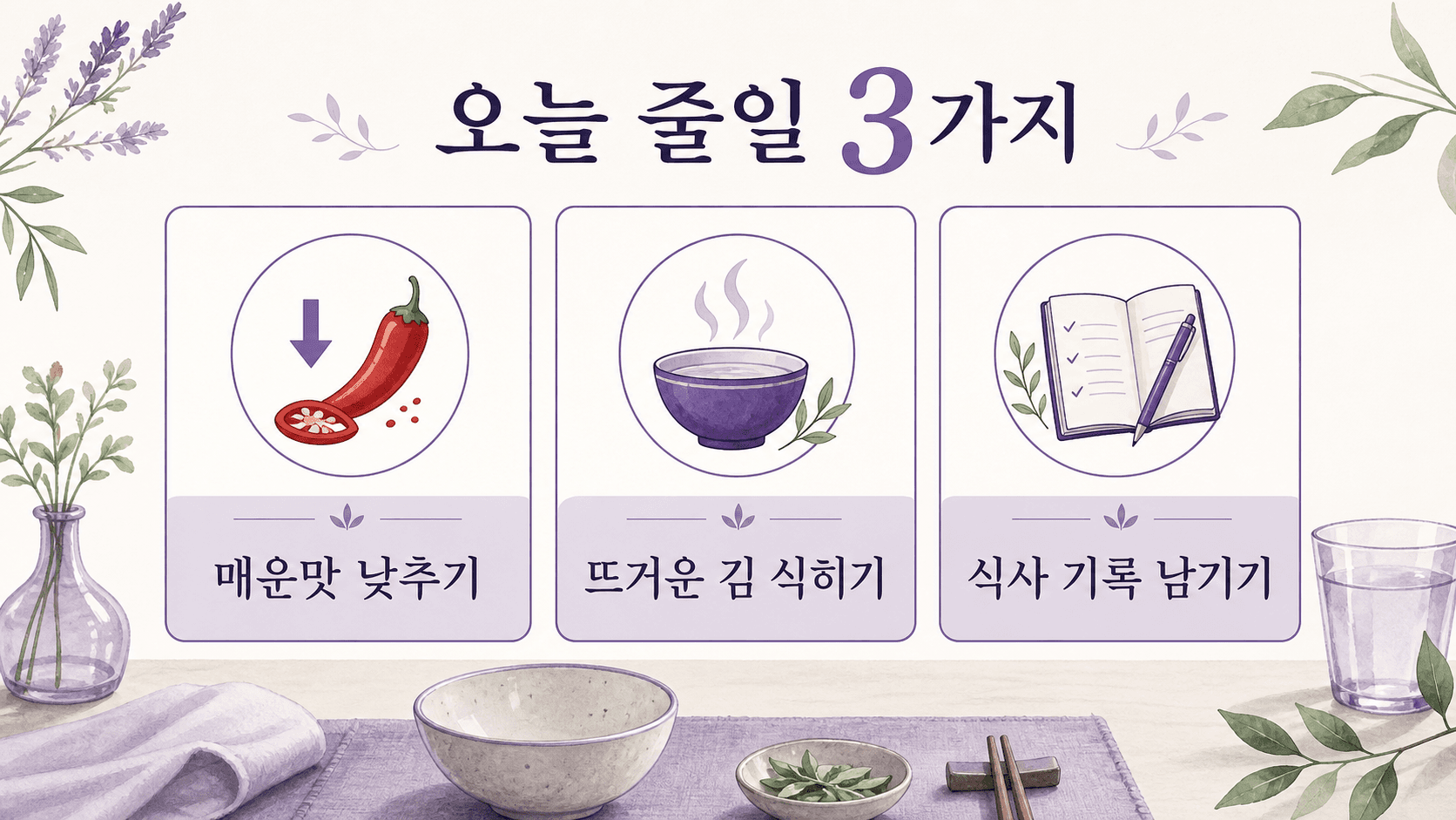 매운맛 낮추기, 뜨거운 김 식히기, 식사 기록 남기기를 보여 주는 실천 카드 이미지