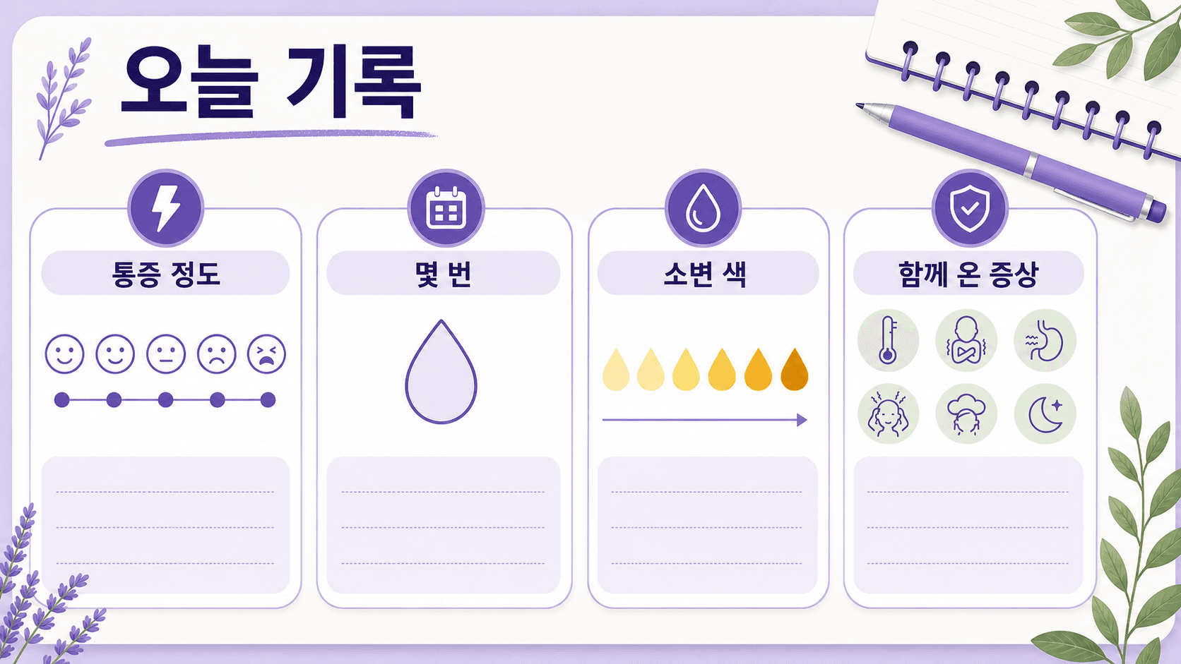 오늘 기록할 항목으로 통증 정도, 소변 횟수, 소변 색, 함께 온 증상을 정리한 이미지