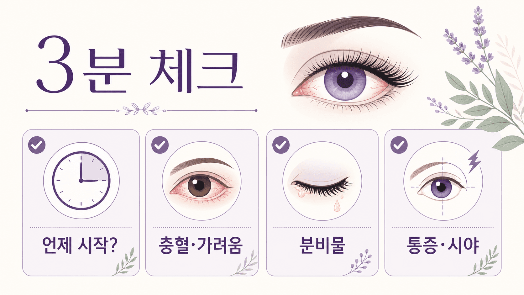 속눈썹 연장 뒤 눈 증상을 언제 시작했는지, 충혈과 가려움, 분비물, 통증과 시야로 나누는 3분 체크 이미지