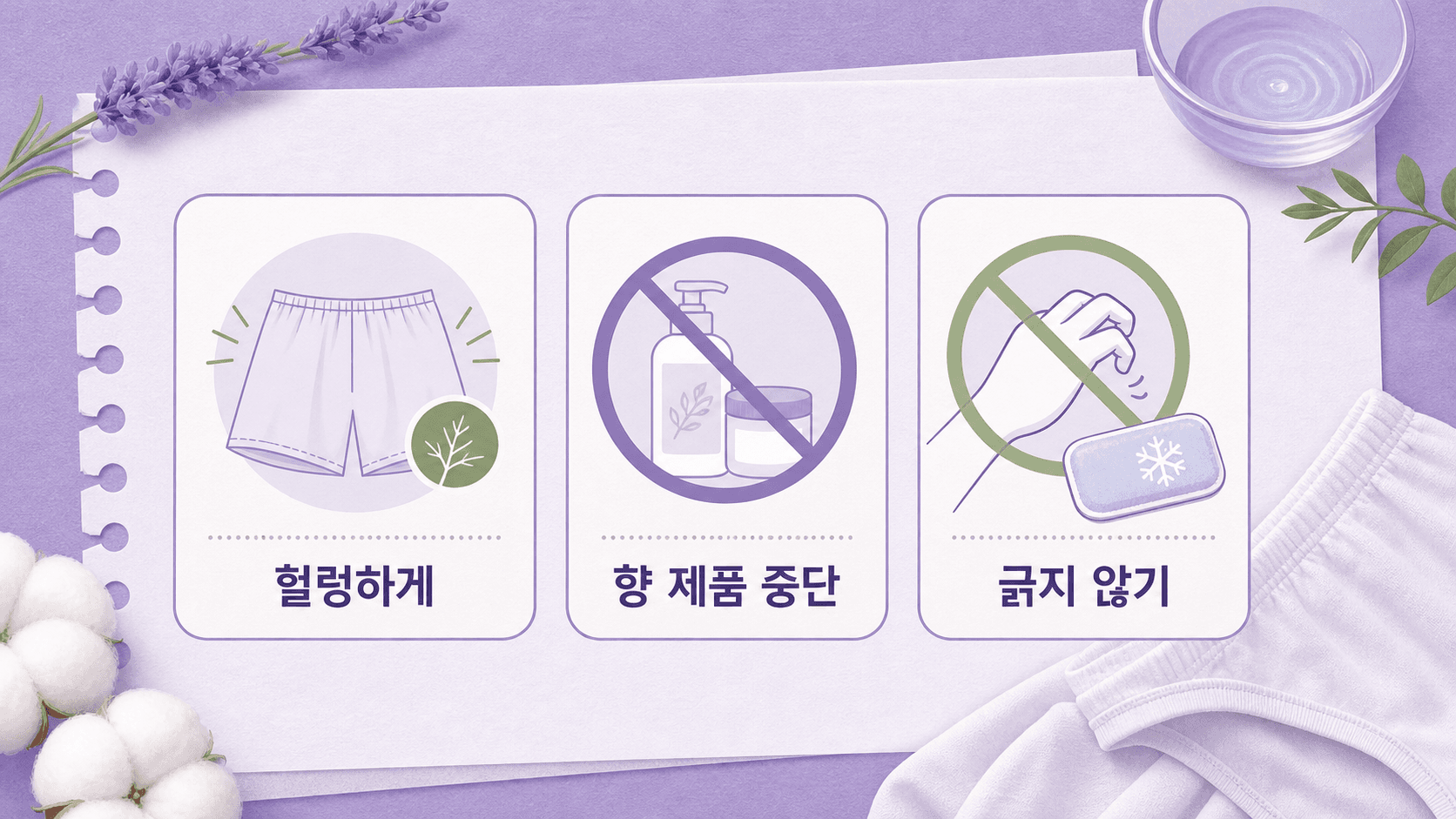 속옷 라인 가려움이 있을 때 헐렁한 옷, 향 제품 중단, 긁지 않기를 실천하는 이미지