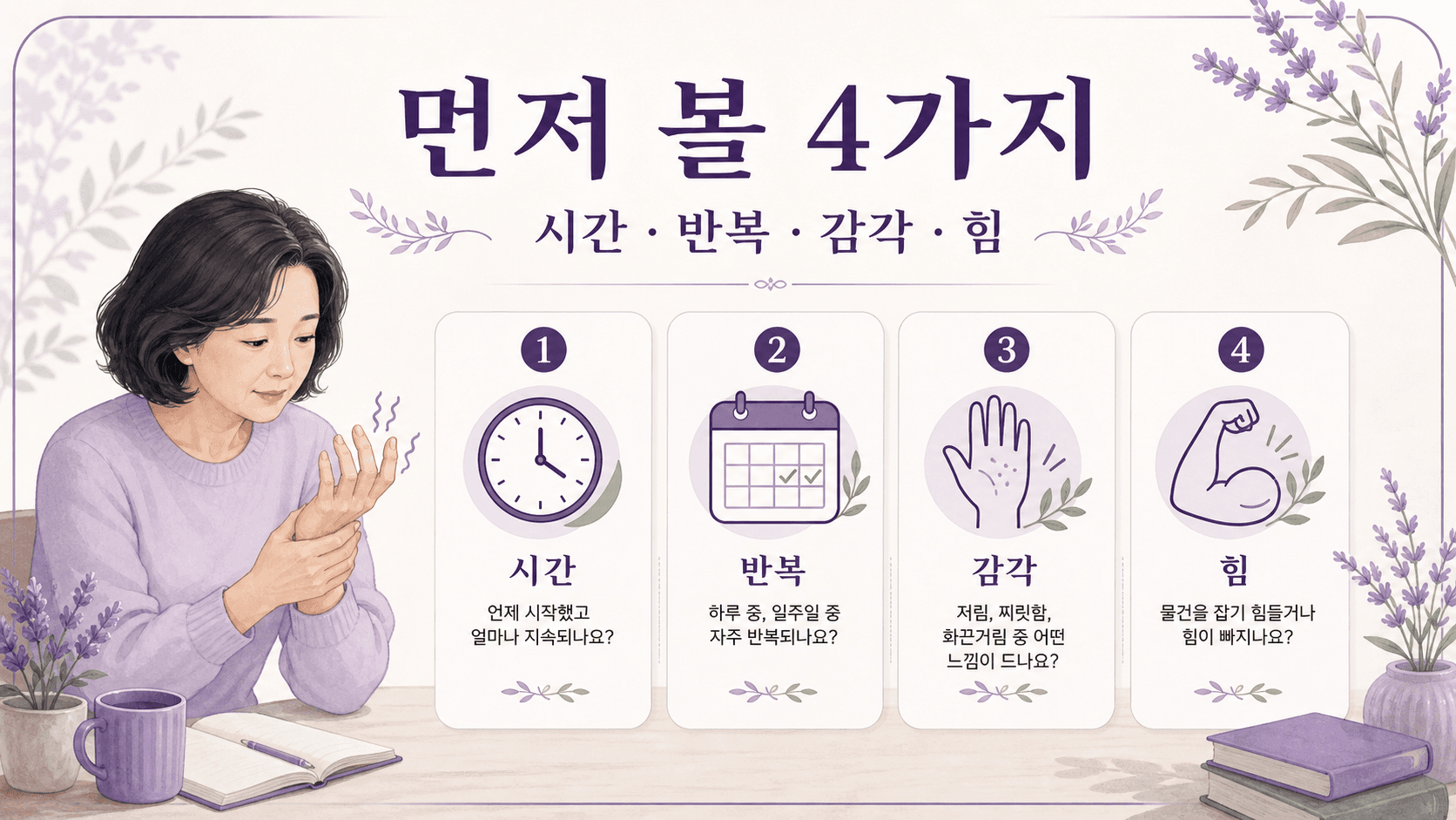 손발 저림을 볼 때 시간, 반복, 감각, 힘을 먼저 나누어 보는 기준 이미지